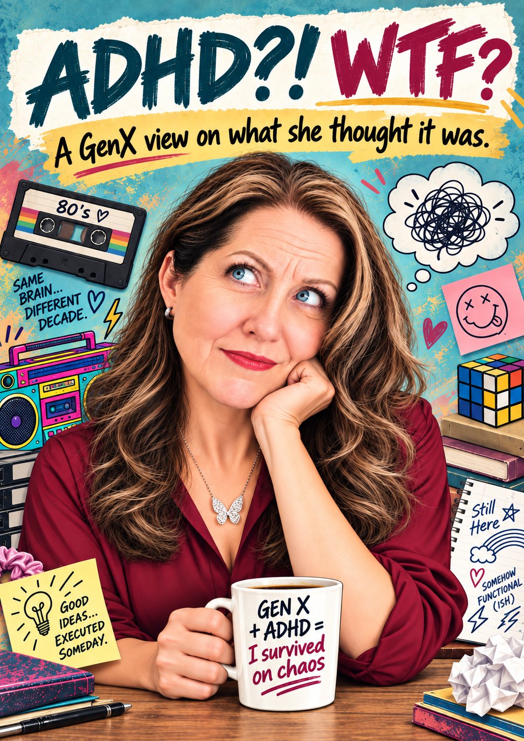 Book cover reading ADHD?! WTF? A GenX view on what she thought it was. A woman with long wavy hair rests her chin on her hand and looks up sideways, holding a mug that says Gen X plus ADHD equals I survived on chaos, surrounded by an 80s cassette tape, a boombox and handwritten notes.